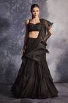 Buy_Varun Chakkilam_Black Silk Organza Ruffle Lehenga Saree With Floral Blouse  _at_Aza_Fashions