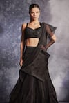 Varun Chakkilam_Black Silk Organza Ruffle Lehenga Saree With Floral Blouse  _Online_at_Aza_Fashions