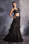 Shop_Varun Chakkilam_Black Silk Organza Ruffle Lehenga Saree With Floral Blouse  _at_Aza_Fashions