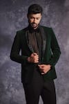 Shop_Varun Chakkilam_Green Velvet Embroidered Glass Beads And Stone Collar Blazer & Pant Set  _at_Aza_Fashions