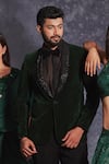 Varun Chakkilam_Green Velvet Embroidered Glass Beads And Stone Collar Blazer & Pant Set  _Online_at_Aza_Fashions