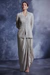 Buy_Varun Chakkilam_Grey Silk Organza Embroidered Sequin V Neck Jacket And Draped Skirt Set  _at_Aza_Fashions