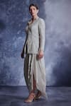 Shop_Varun Chakkilam_Grey Silk Organza Embroidered Sequin V Neck Jacket And Draped Skirt Set  _at_Aza_Fashions