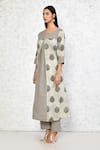 Buy_Khwaab by Sanjana Lakhani_Beige Cotton Print Floral Butti Round Neck A-line Kurta With Palazzo 