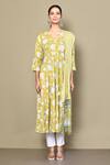Samyukta Singhania_Yellow Cotton Printed Floral V Neck Anarkali With Dupatta _Online_at_Aza_Fashions