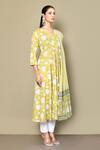 Shop_Samyukta Singhania_Yellow Cotton Printed Floral V Neck Anarkali With Dupatta _Online_at_Aza_Fashions