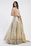 Abhinav Mishra_Gold Net V Neck Mirror Embellished Bridal Lehenga Set _Online_at_Aza_Fashions