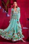 Limerick By Abirr N' Nanki Blue Crepe And Organza Floral Print V Neck Mara Gown Online at Aza Fashions Limerick By Abirr N' Nanki_Blue Crepe And Organza Floral Print V Neck Mara Gown _Online_at_Aza_Fashions
