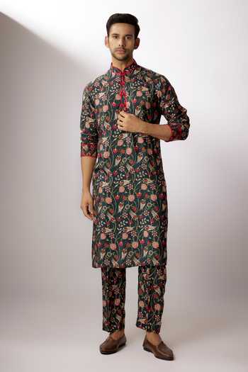 Buy_Nadima Saqib_Blue Silk Embroidery Floral Vine Print Kurta With Pant _at_Aza_Fashions