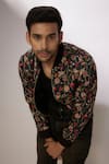 Nadima Saqib_Black Denim Embroidery Floral Jaal Print Bomber Jacket _Online_at_Aza_Fashions