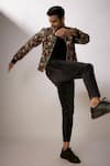 Shop_Nadima Saqib_Black Denim Embroidery Floral Jaal Print Bomber Jacket _Online_at_Aza_Fashions