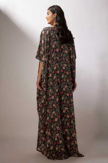 Shop_Nadima Saqib_Blue Crepe Sequins V-neck Floral Print Kaftan _at_Aza_Fashions