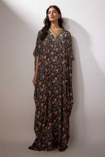 Nadima Saqib_Blue Crepe Sequins V-neck Floral Print Kaftan _Online_at_Aza_Fashions