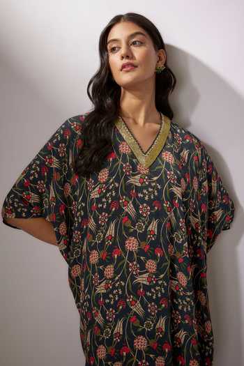 Shop_Nadima Saqib_Blue Crepe Sequins V-neck Floral Print Kaftan _Online_at_Aza_Fashions