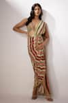 Buy_Nadima Saqib_Beige Blouse Georgette Printed And Embroidered Stripe Pre-draped Saree With _at_Aza_Fashions