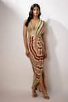 Nadima Saqib_Beige Blouse Georgette Printed And Embroidered Stripe Pre-draped Saree With _Online_at_Aza_Fashions