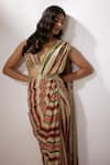 Shop_Nadima Saqib_Beige Blouse Georgette Printed And Embroidered Stripe Pre-draped Saree With _Online_at_Aza_Fashions