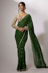 Buy_Nadima Saqib_Emerald Green Blouse Crepe Embroidery And Printed Badla Plunge V Neck Saree With _at_Aza_Fashions