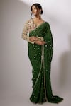 Nadima Saqib_Emerald Green Blouse Crepe Embroidery And Printed Badla Plunge V Neck Saree With _Online_at_Aza_Fashions