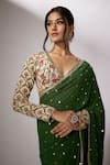 Shop_Nadima Saqib_Emerald Green Blouse Crepe Embroidery And Printed Badla Plunge V Neck Saree With _Online_at_Aza_Fashions