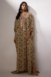 Buy_Nadima Saqib_Beige Crepe Printed And Embroidered Botanical Notched Kaftan _at_Aza_Fashions