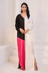 Buy_Masumi Mewawalla x AZA_White Mashroo Embroidered V Neck Tri Color Block Long Tunic _at_Aza_Fashions