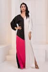 Masumi Mewawalla x AZA_White Mashroo Embroidered V Neck Tri Color Block Long Tunic _at_Aza_Fashions