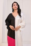 Buy_Masumi Mewawalla x AZA_White Mashroo Embroidered V Neck Tri Color Block Long Tunic  _Online