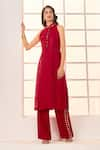 Buy_Masumi Mewawalla x AZA_Red Dupion Satin Embroidered Mandarin Collar Straight Kurta And Pant Set  _at_Aza_Fashions