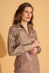 Shop_TORQADORN_Beige Poly Crepe Collared Rexine Striped Shirt_Online_at_Aza_Fashions