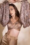 Buy_TORQADORN_Gold Satin Leaf Printed Crop Top  _Online_at_Aza_Fashions