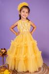 Toplove_Yellow Cotton, Net Cut Work Crystal Embellished Frilled Gown _Online_at_Aza_Fashions