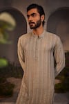 Charu And Vasundhara_Grey Silk Embroidery Laith Vine Kurta With Pant _Online_at_Aza_Fashions