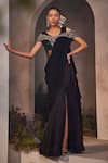 Buy_Charu and Vasundhara_Black Net Embellished Crystal Round Neck Lexie High Slit Saree Gown _at_Aza_Fashions