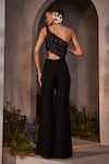 Shop_Charu and Vasundhara_Black Silk Embroidered Bead One Shoulder Neck Luciana Yoke Jumpsuit _at_Aza_Fashions