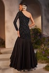 Shop_Charu and Vasundhara_Black Net Embroidered Leaf Applique One Shoulder Neck Gown _at_Aza_Fashions