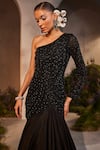 Charu and Vasundhara_Black Net Embroidered Leaf Applique One Shoulder Neck Gown _Online_at_Aza_Fashions