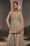 Charu and Vasundhara_Silver Net Cutdana Embroidery V Neck Luna Geometric Kurta Sharara Set _Online_at_Aza_Fashions