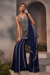 Charu and Vasundhara_Blue Kurta Net Cutdana Embroidery V Neck Lia Checkered Sharara Set _Online_at_Aza_Fashions