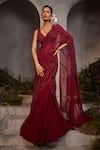 Buy_Charu and Vasundhara_Maroon Saree Organza Sequin Lydia Pre-draped Lehenga With Embellished Blouse_at_Aza_Fashions