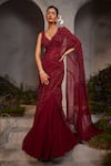 Buy_Charu and Vasundhara_Maroon Saree Organza Sequin Lydia Pre-draped Lehenga With Embellished Blouse _at_Aza_Fashions