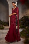 Buy_Charu and Vasundhara_Maroon Saree Organza Sequin Lydia Pre-draped Lehenga With Embellished Blouse_Online_at_Aza_Fashions
