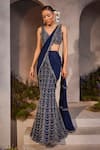 Buy_Charu and Vasundhara_Blue Saree Net Sequin Embroidery Plunge V Lena Fish Cut Pre-draped With Blouse _at_Aza_Fashions