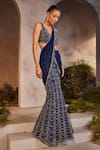 Charu and Vasundhara_Blue Saree Net Sequin Embroidery Plunge V Lena Fish Cut Pre-draped With Blouse _Online_at_Aza_Fashions