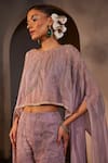 Buy_Charu and Vasundhara_Purple Poncho Organza Embellished Bead Poncho Boat Neck Liana Pant Set _Online_at_Aza_Fashions