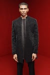 Buy_Tisa - Men_Black Sherwani And Pant Viscose Polyester Cutdana Stripe Open Set _Online_at_Aza_Fashions