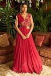 Buy_Shreeka_Red Viscose Georgette Hand Embroidered Silk Thread V Draped Blouse And Skirt Set _at_Aza_Fashions