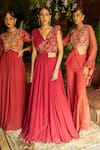 Shreeka_Red Viscose Georgette Hand Embroidered Silk Thread V Draped Blouse And Skirt Set _Online_at_Aza_Fashions