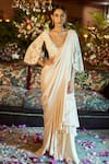 Buy_Shreeka_Ivory Georgette Silk Hand Embroidered Sequins V Blouse And Pre-draped Saree Set _at_Aza_Fashions