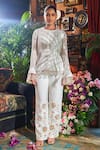 Buy_Shreeka_Ivory Georgette Silk Hand Embroidered Bead Round Neck Peplum Top And Pant Set _at_Aza_Fashions